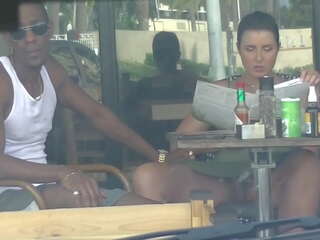 Cheating Wife &num;4 part III - Hubby videos me outside a cafe Upskirt Flashing and having an Interracial affair with a Black Man&excl;&excl;&excl;