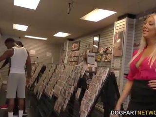 Anal call girl Lexi Lowe gets gangbanged in dirty movie store