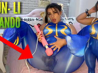 Alluring cosplay mademoiselle dressed as Chun Li from street fighter playing with her htachi vibrator cumming and soaking her panties and pants ahegao