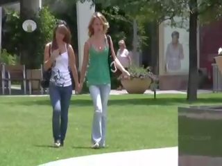 Rilee and Sara attractive lesbian teens flashing tits in a public place